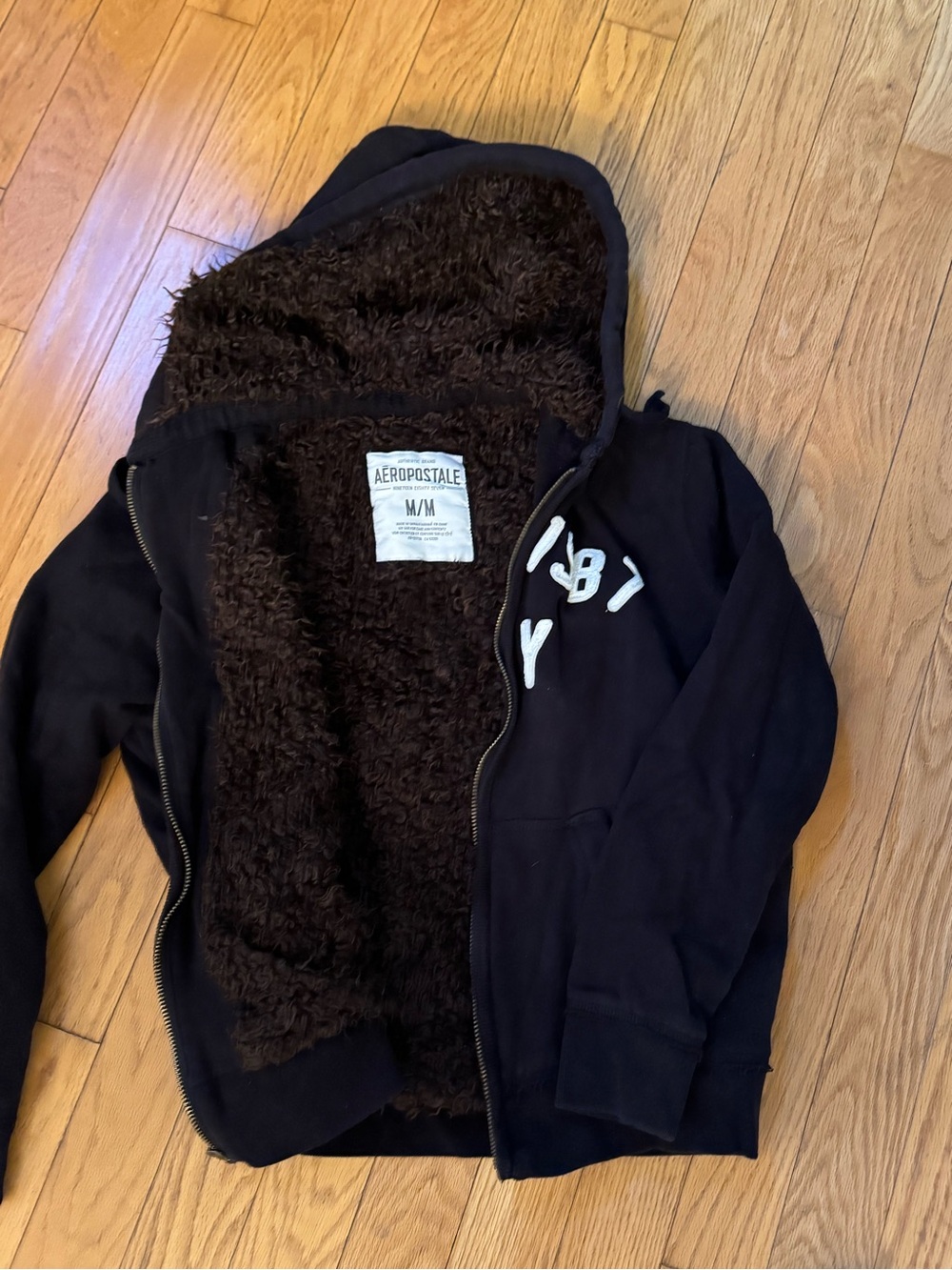 Aeropostale Mens Y2K Full Faux Fur Lined Full Zip Hoodie Black Sz M Chunky Logo - Picture 2 of 10